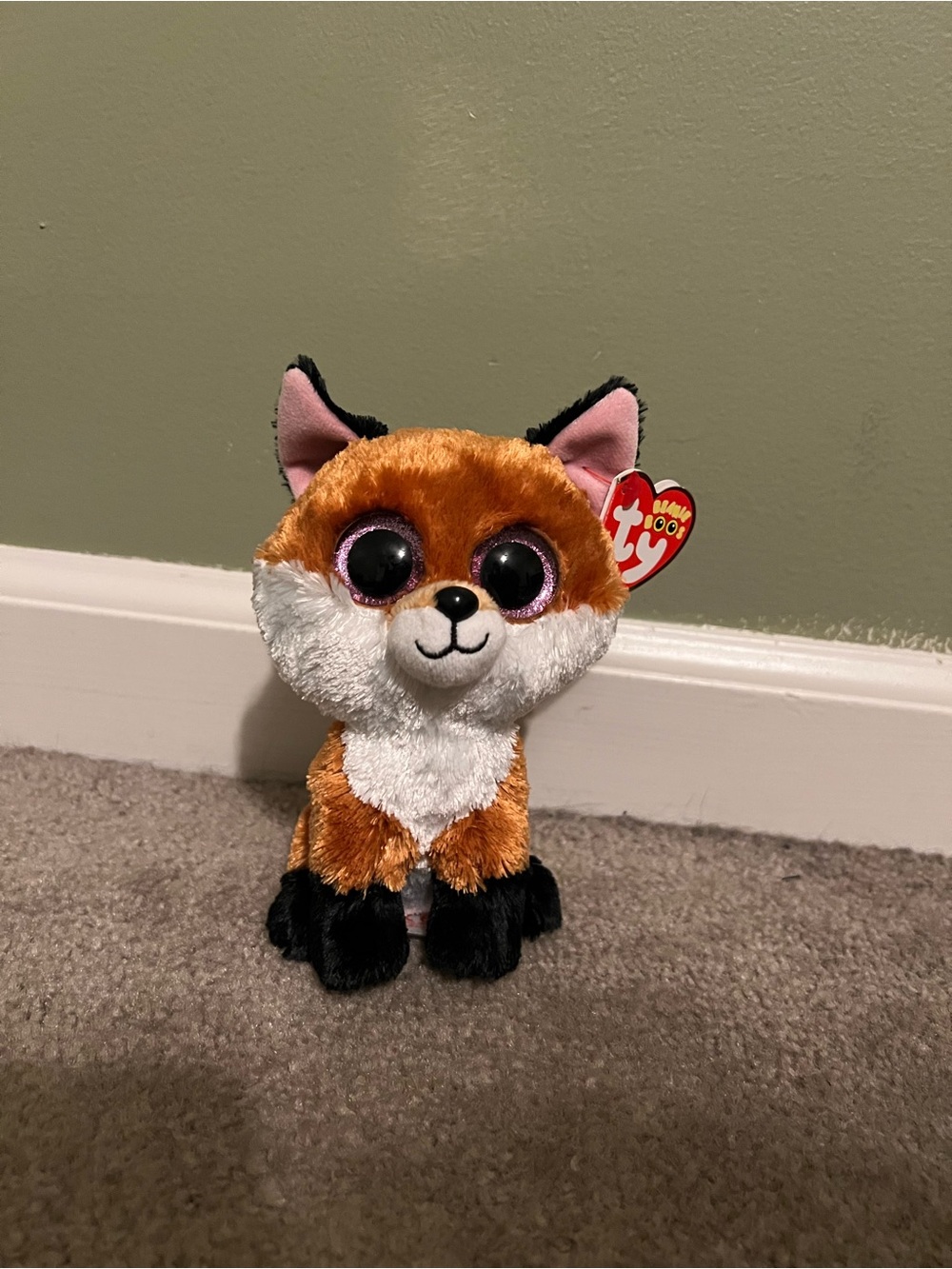 Ty Beanie Boo Fox Plush in Orange, White and Black with Pink Ear Accents